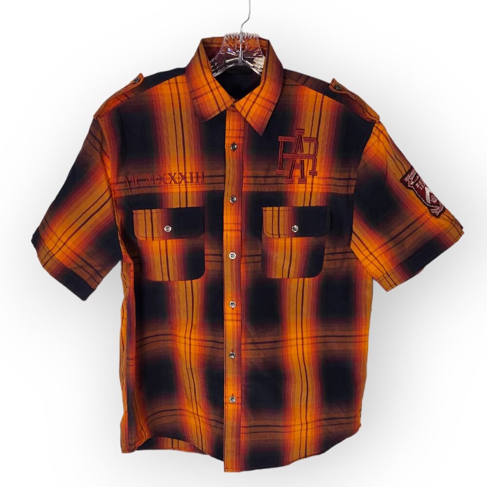 Red Ape Shirt Embroidered Mens Size M Orange Plaid Button Down Hip Hop Y2K